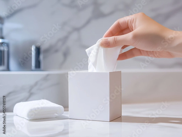 Fototapeta Hand gracefully retrieves white tissue from minimalist box, set against sleek marble background, evoking sense of cleanliness and simplicity