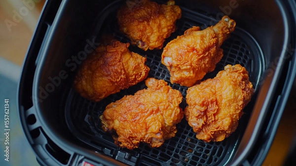 Fototapeta Crispy fried chicken drumsticks in air fryer, golden brown and delicious, perfect for quick meal or snack