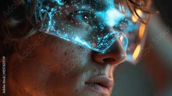 Fototapeta Portrait of a young man using futuristic technology interface

