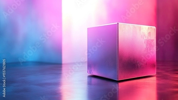 Fototapeta White cube hologram with pastel color reflections floating in minimal space for futuristic digital 3D design