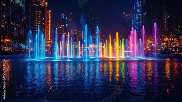 Fototapeta Wide view color fountain glowing softly with neon blue and multicolor light illustrating vibrant artistic digital displays