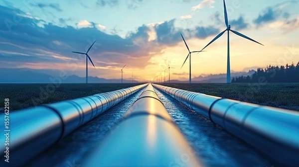 Fototapeta Wind turbines with hydrogen pipes representing renewable energy infrastructure for sustainable power generation