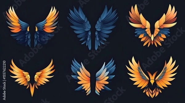 Fototapeta Wings logo vector set with various styles and abstract symmetry, perfect for branding, aviation, or digital identity
