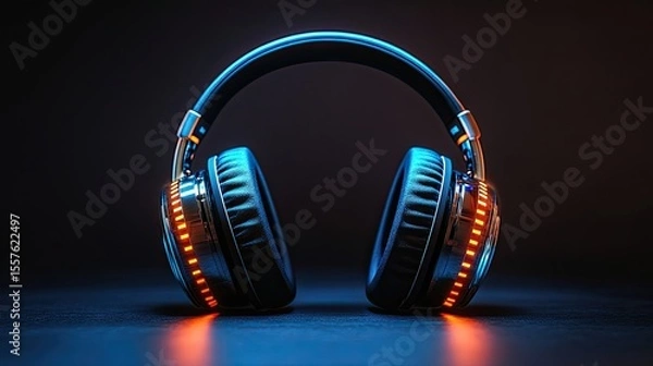 Fototapeta Wireless headphones with glowing LED elements on black background, concept of high-tech audio, music, and entertainment