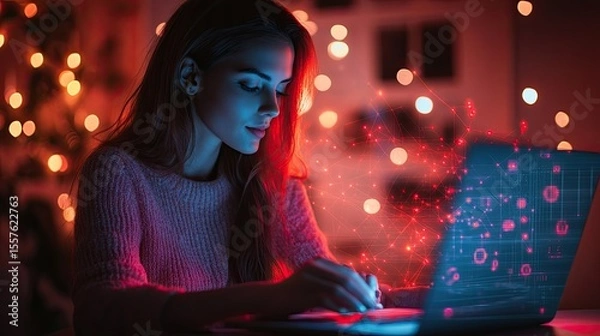 Fototapeta Woman laptop communication icons glowing with neon effects symbolizing digital networking and remote work technology