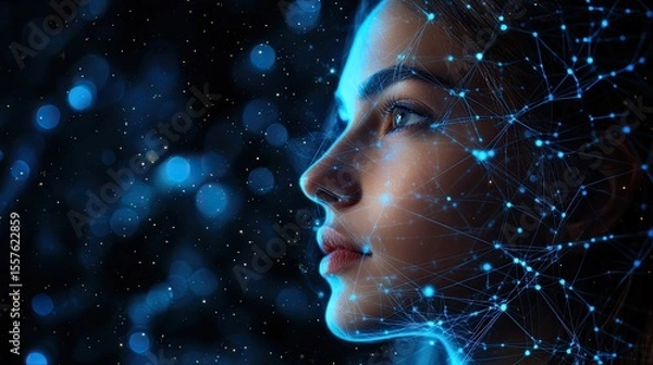 Fototapeta Woman Thinking Digital Network with glowing blue digital lines and nodes representing modern communication and network concepts