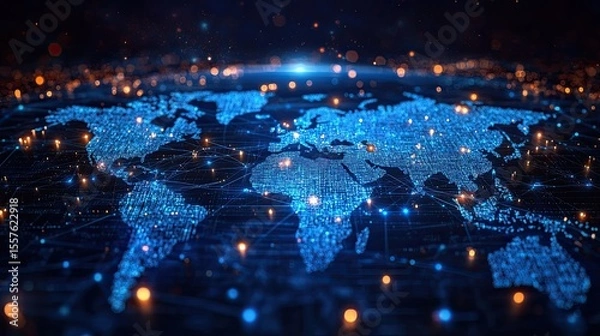Fototapeta World map digital network with blue glowing lines and data points for global tech and communication themes