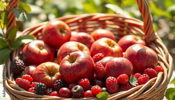 Fototapeta Overripe red apples and vibrant berries spill from a rustic woven basket, sunlight illuminating the scene,  painting,  rustic