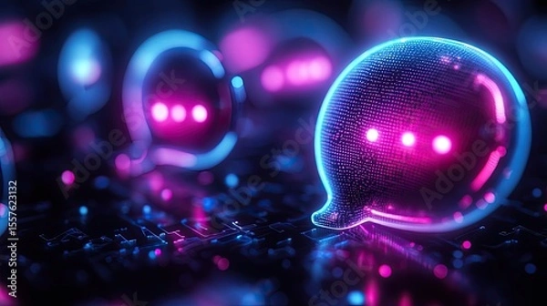 Fototapeta 3D chat bubbles blue glowing softly with neon light illustrating digital communication, social media, and messaging technology