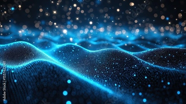 Fototapeta 3D Dots Flow Perspective with Dynamic Blue Particles Moving Through Space in Abstract Tech Network Background