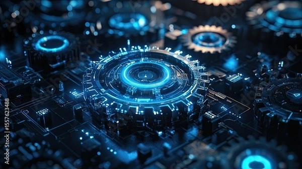 Fototapeta 3D gears with blue light and digital mechanical elements for futuristic tech visuals and abstract background