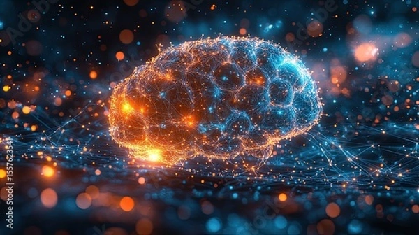 Fototapeta 3D glowing brain with connected neuron network, artificial intelligence concept, digital data and futuristic design