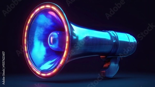 Fototapeta 3D megaphone icon for digital announcement, glowing loudspeaker illustration on transparent background