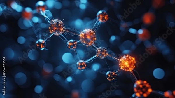 Fototapeta 3D molecular atom structure background, scientific illustration of particles and connections in chemistry or biotech