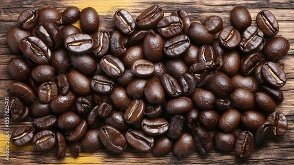 Obraz Roasted Coffee Beans on Rustic Wood Background Closeup