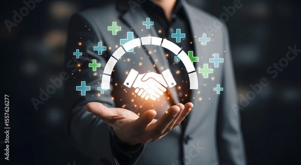 Fototapeta Businessman Holding Handshake Icon with Customer Satisfaction Meter for Trust and Partnership Concept