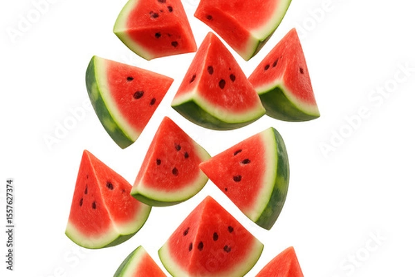 Fototapeta Watermelon slices dropping, splashing vibrant red fruit chunks against crisp translucent backdrop