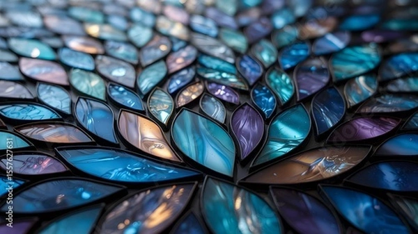 Fototapeta Beautiful abstract mosaic of multicolored leaf shapes with iridescent glass textures