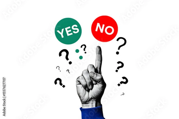Fototapeta Hand pointing towards yes or no options surrounded by question marks isolated on a transparent background