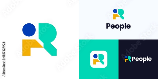 Fototapeta Letter R integrated with people, Logo icon design vector illustration, Symbol initial alphabet colorful with human for community, diversity, organization teamwork, family together and brand identity