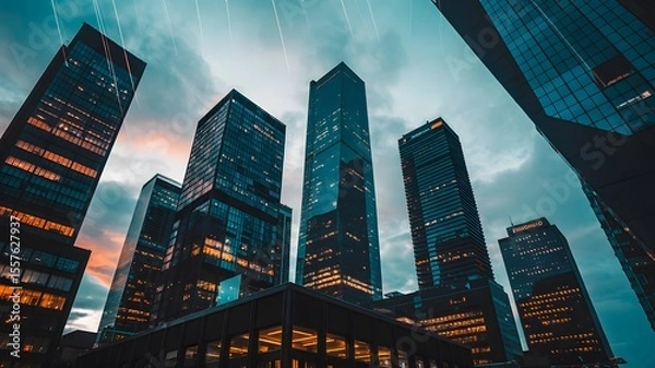 Fototapeta Dramatic low angle view of modern skyscrapers reaching up towards a cloudy sky