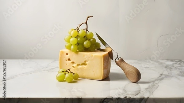 Fototapeta Fresh cheese grapes and cheese knife arrangement on marble surface with elegant lighting