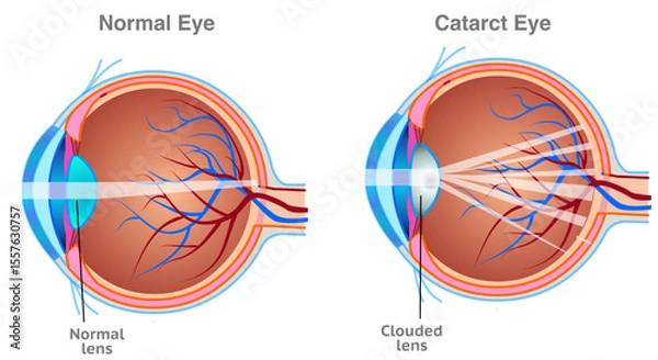 Fototapeta Cataract anatomy. Clouding of the eye’s lens which often results in blurry or hazy vision.  Brown iris diagram.  Vector illustration	
