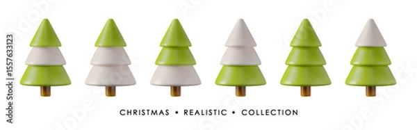 Obraz Green 3D Christmas trees in various shapes PNG. Isolated holiday realistic vector illustration for New Year greeting cards, posters, and web design.