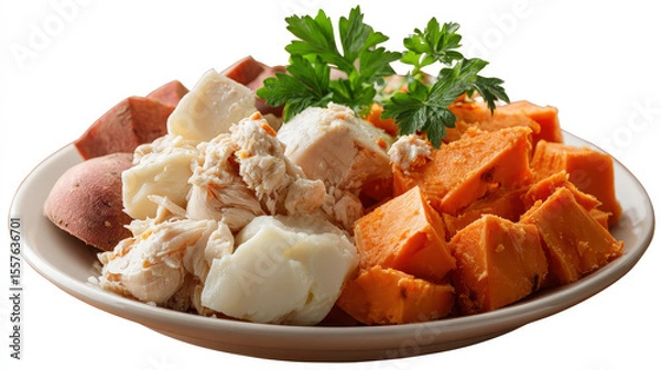 Fototapeta Plate of cooked food with various ingredients including sweet potato, chicken, and herbs, presented in white dish with fresh parsley garnish