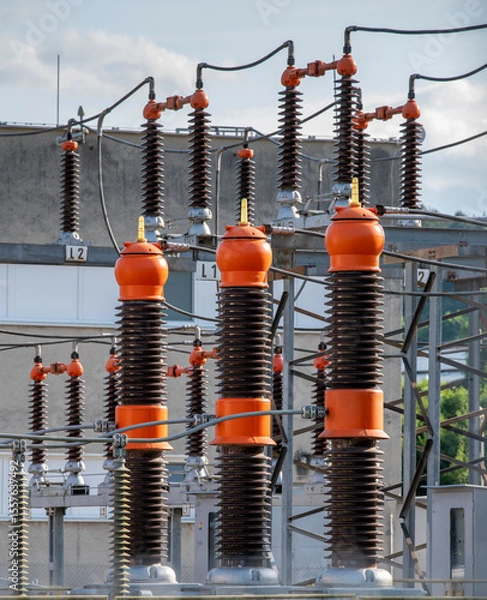 Obraz High voltage switch. High voltage electrical transformer substation. Power station. Power line.