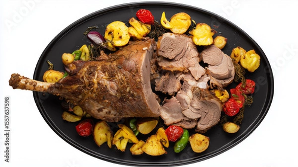 Fototapeta Succulent roasted leg of lamb with colorful grilled vegetables on a black serving platter, isolated on white.