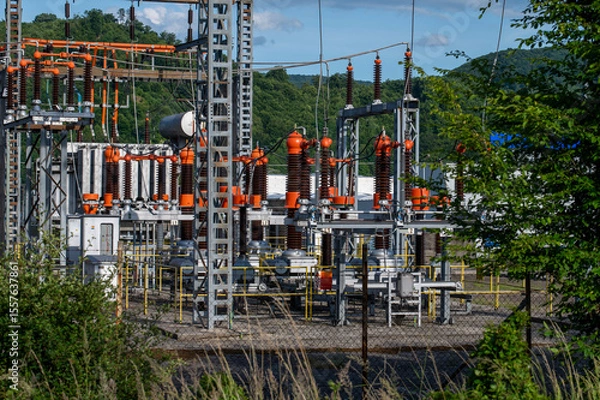 Obraz High voltage switch. High voltage electrical transformer substation. Power station. Power line.