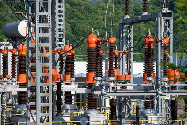 Obraz High voltage switch. High voltage electrical transformer substation. Power station. Power line.
