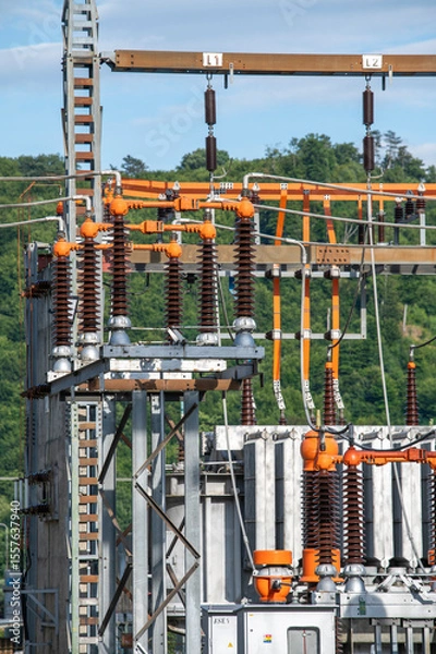 Obraz High voltage switch. High voltage electrical transformer substation. Power station. Power line.