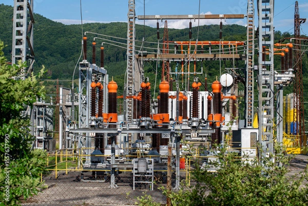 Obraz High voltage switch. High voltage electrical transformer substation. Power station. Power line.