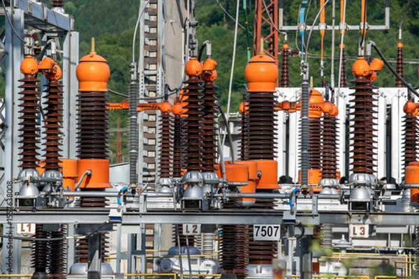 Obraz High voltage switch. High voltage electrical transformer substation. Power station. Power line.