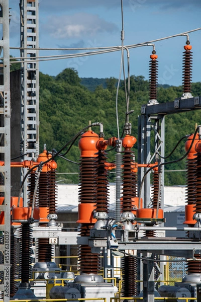 Obraz High voltage switch. High voltage electrical transformer substation. Power station. Power line.