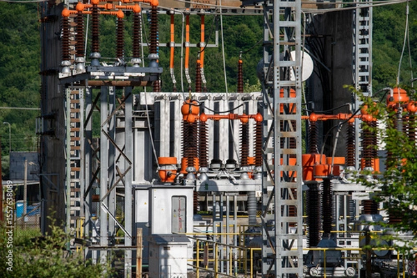 Obraz High voltage switch. High voltage electrical transformer substation. Power station. Power line.