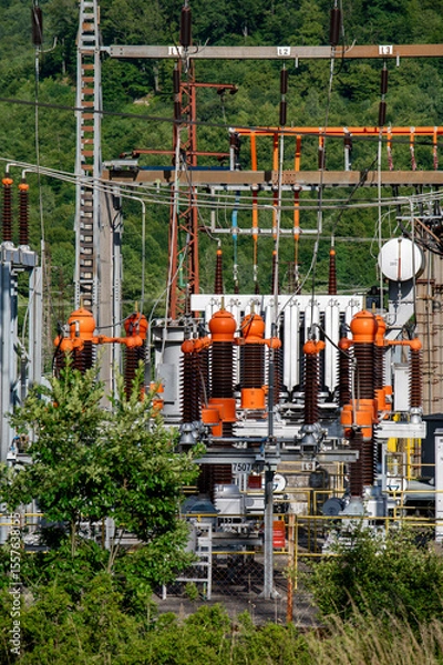 Obraz High voltage switch. High voltage electrical transformer substation. Power station. Power line.