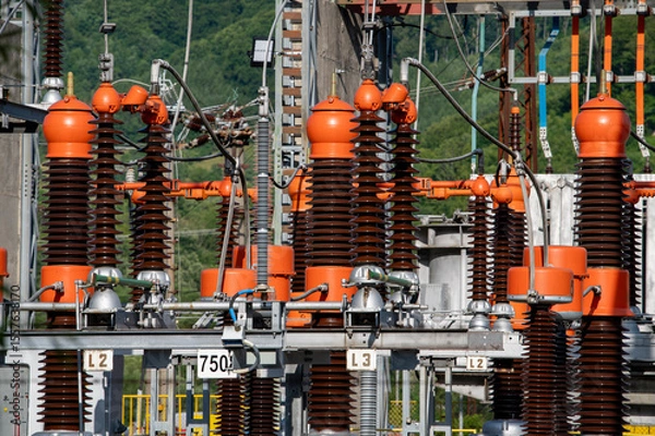 Obraz High voltage switch. High voltage electrical transformer substation. Power station. Power line.
