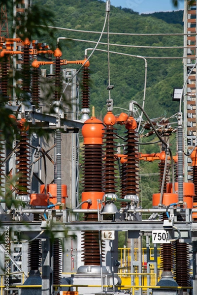 Obraz High voltage switch. High voltage electrical transformer substation. Power station. Power line.