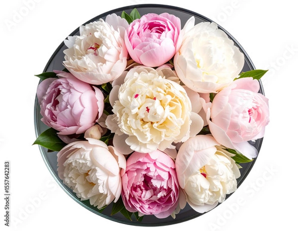 Fototapeta Untitled design - “Top-Down Shot of Peony Flower Arrangement in Round Glass Vase, Isolated PNG