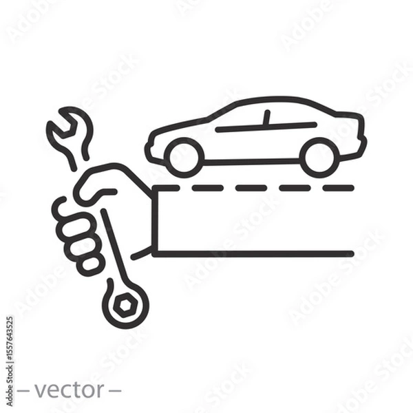 Obraz car repair icon, car service, hand of a master with a wrench, auto repair station, line symbol on white background - editable stroke vector illustration eps10