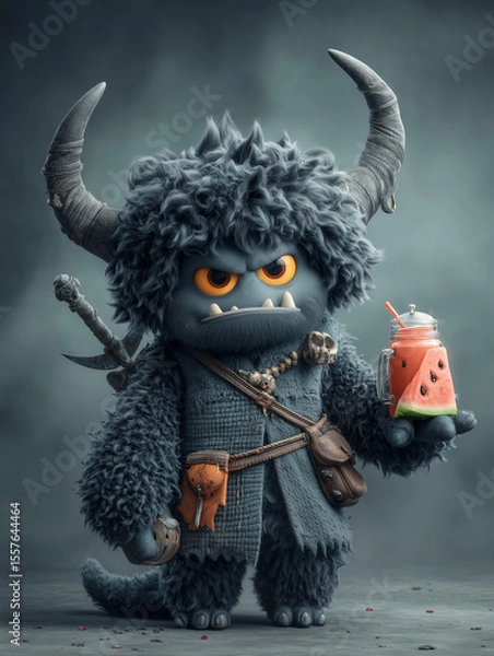 Obraz Grumpy warrior monster character holding a watermelon smoothie