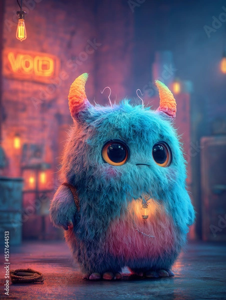 Obraz Cute fluffy monster with a small glowing lantern in a neon-lit alley
