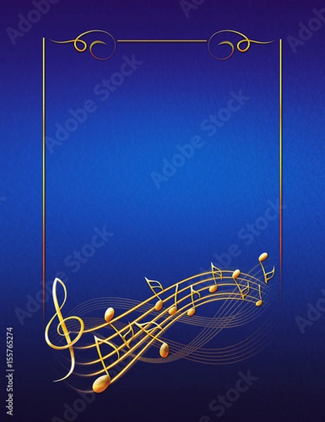 Obraz blue musical background with gold frame notes and treble clef