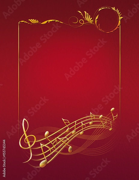 Obraz red musical background with gold frame notes and treble clef version