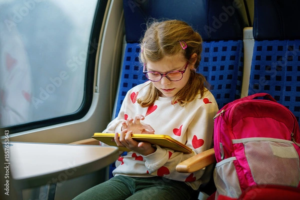 Fototapeta Little school girl playing on tablet in train, while it moving. Traveling by railway, Europe. Cute child having fun on journey, family vacations by train.