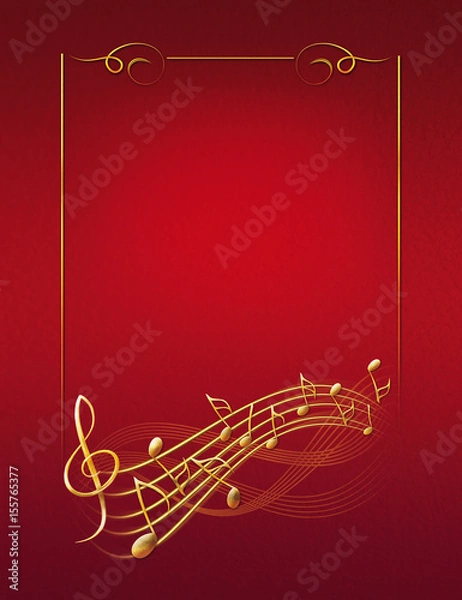 Obraz red musical background with gold frame notes and treble clef