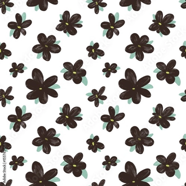 Fototapeta Seamless abstract botanical pattern. Simple background with black, green, white texture. Digital brush strokes. Flowers. Design for textile fabrics, wrapping paper, background, wallpaper, cover.